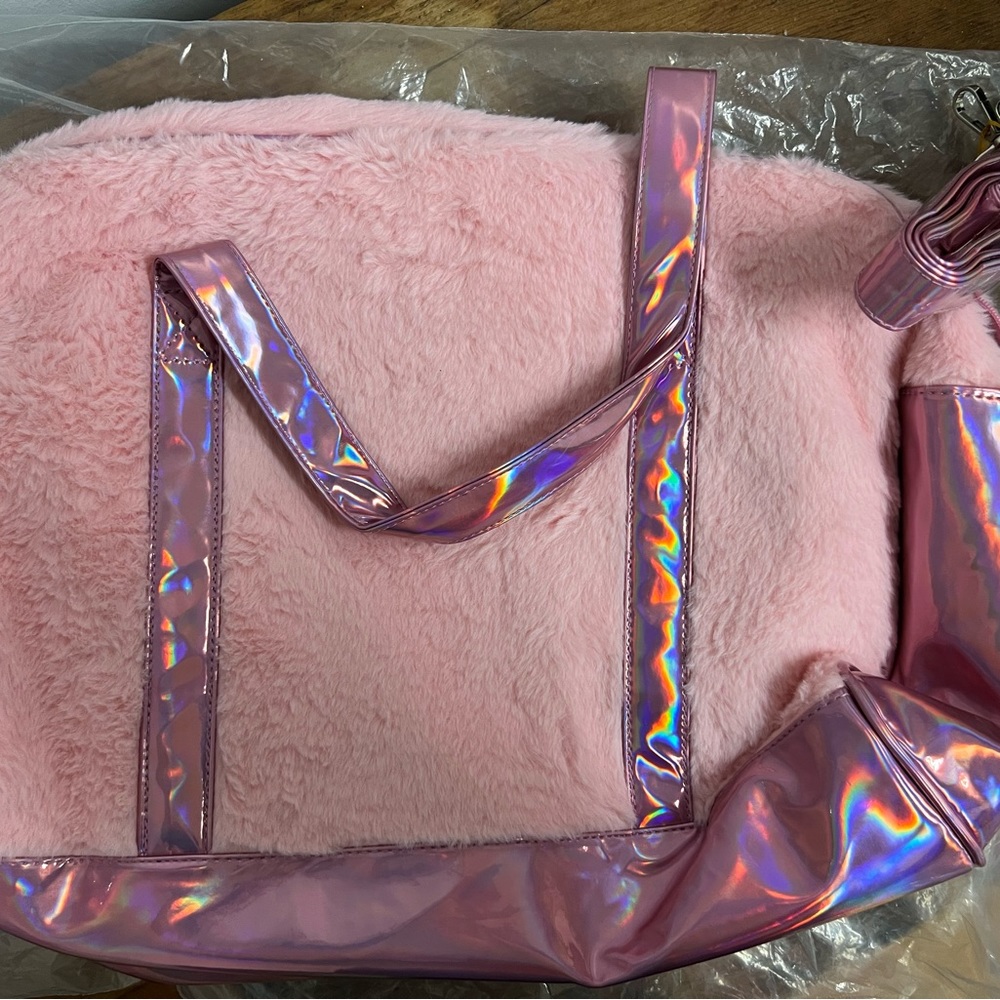 Holographic, laser, pink plush fur duffel bag